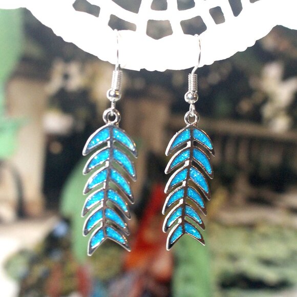Botanical Blue Fire Opal Dainty Leaf Feather Fern Fishbone Drop Earrings - Picture 1 of 3